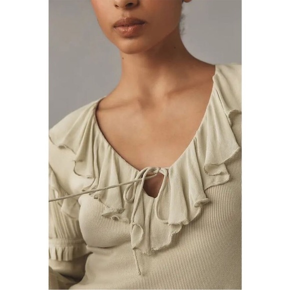 Anthropologie Long-Sleeve Ruffle Top In Green Size XS - Picture 2 of 5